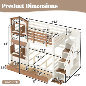 English Elm Twin Bunk Bed Playhouse with Pine Frame Stair Storage and Heart Window Shutters Twin Bunk Bed with Staircase & Drawers Beige+Natural W5305S00203