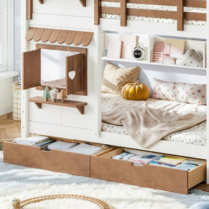 English Elm Twin Bunk Bed Playhouse with Pine Frame Stair Storage and Heart Window Shutters Twin Bunk Bed with Staircase & Drawers Beige+Natural W5305S00203