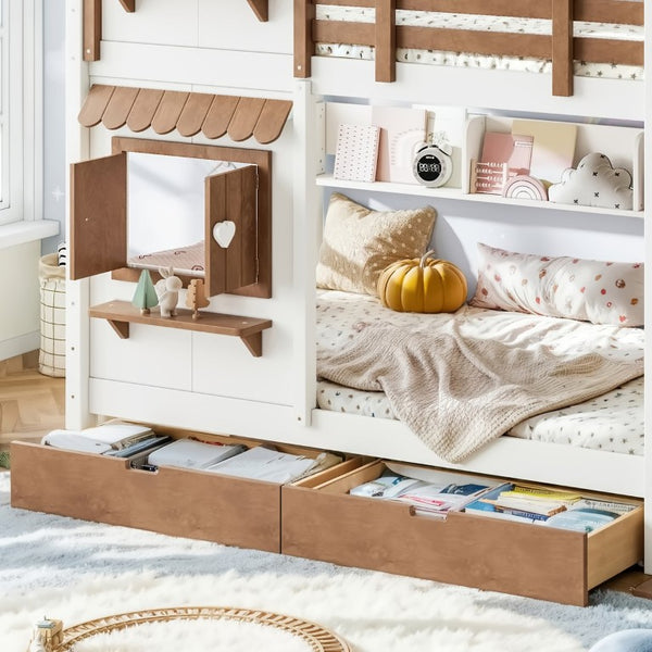 English Elm Twin Bunk Bed Playhouse with Pine Frame Stair Storage and Heart Window Shutters Twin Bunk Bed with Staircase & Drawers Beige+Natural W5305S00203