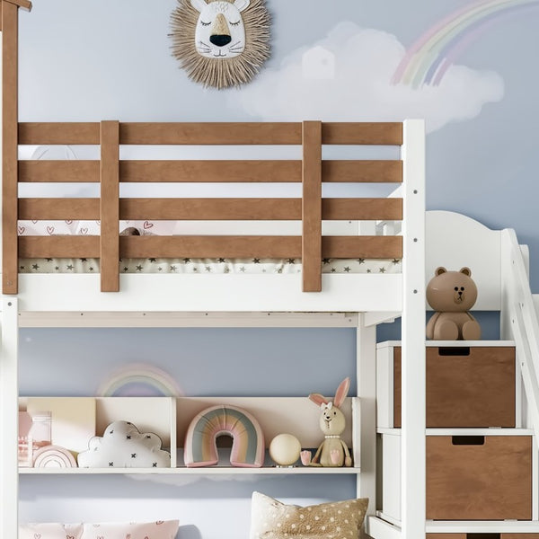 English Elm Twin Bunk Bed Playhouse with Pine Frame Stair Storage and Heart Window Shutters Twin Bunk Bed with Staircase & Drawers Beige+Natural W5305S00203