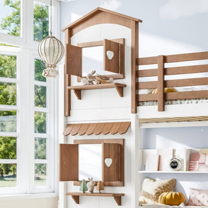English Elm Twin Bunk Bed Playhouse with Pine Frame Stair Storage and Heart Window Shutters Twin Bunk Bed with Staircase & Drawers Beige+Natural W5305S00203