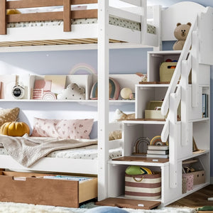 English Elm Twin Bunk Bed Playhouse with Pine Frame Stair Storage and Heart Window Shutters Twin Bunk Bed with Staircase & Drawers Beige+Natural W5305S00203