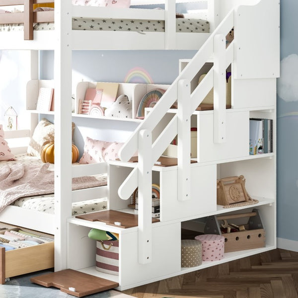 English Elm Twin Bunk Bed Playhouse with Pine Frame Stair Storage and Heart Window Shutters Twin Bunk Bed with Staircase & Drawers Beige+Natural W5305S00203