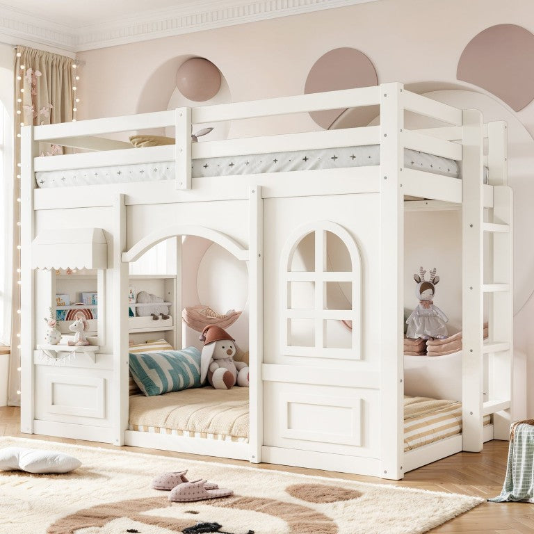 English Elm Full Size Cottage Playhouse Bunk Bed with Pine Wood Frame and Storage Staircase Beige 79.9 L x 41.3 W x 57.1 H W5305S00205