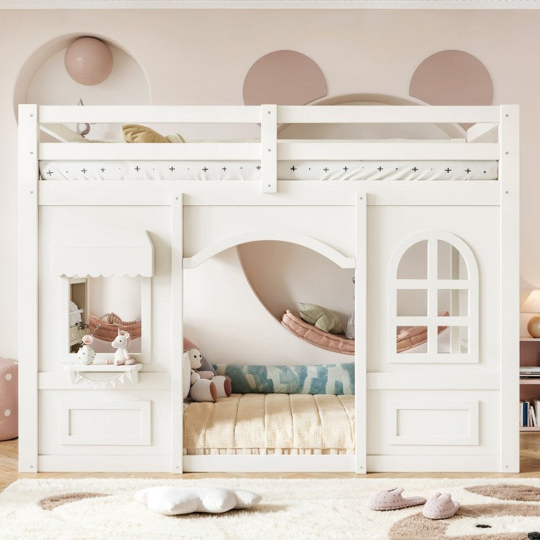 English Elm Full Size Cottage Playhouse Bunk Bed with Pine Wood Frame and Storage Staircase Beige 79.9 L x 41.3 W x 57.1 H W5305S00205