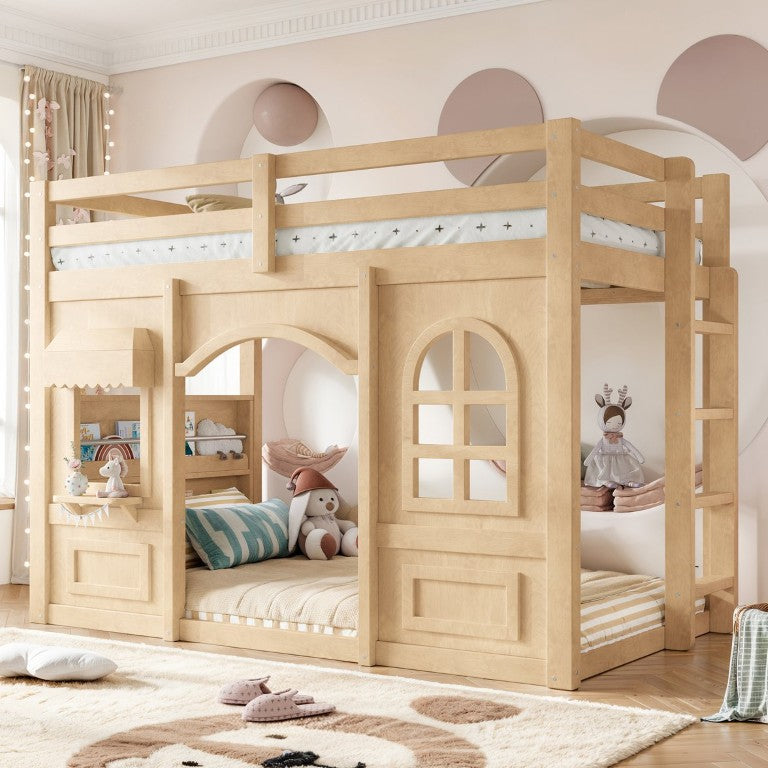 English Elm Twin Playhouse Loft Bed Pine Wood Cottage Frame with Storage Shelves and Play Nook W5305S00206