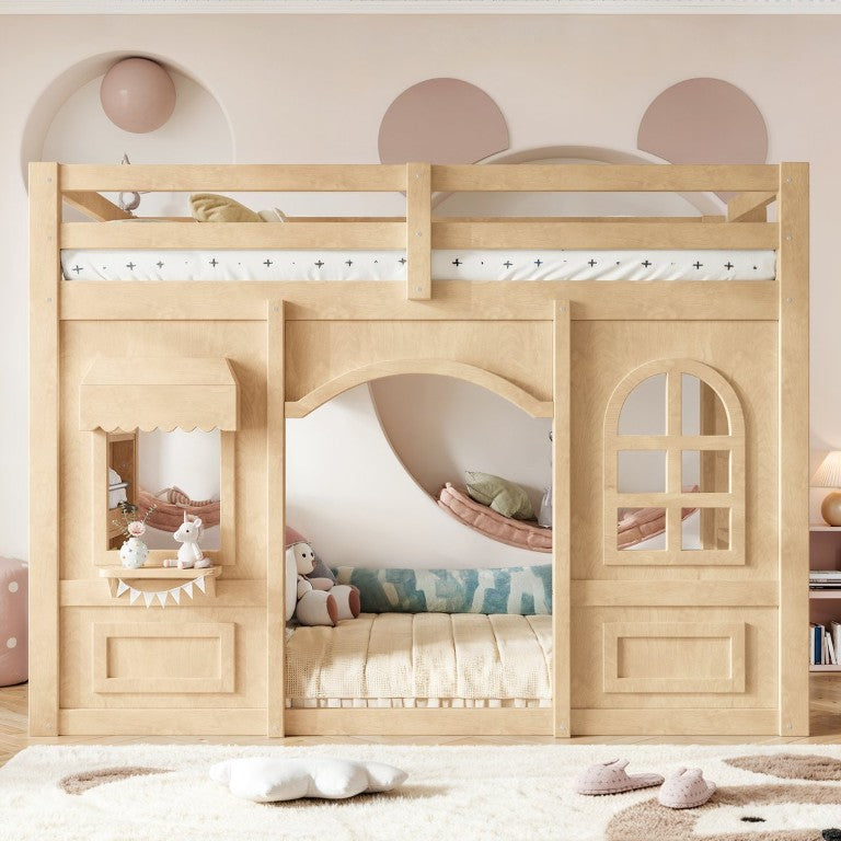 English Elm Twin Playhouse Loft Bed Pine Wood Cottage Frame with Storage Shelves and Play Nook W5305S00206