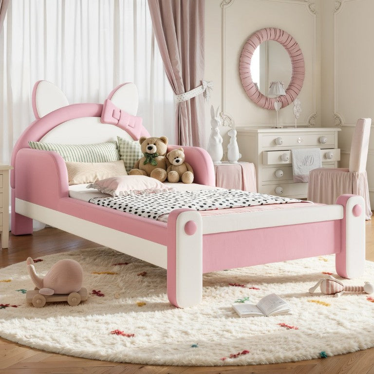 English Elm Twin Cat Shaped Kids Platform Bed PU Upholstered Low Profile Princess Bedroom Frame W5305S00213