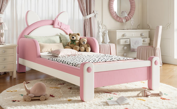 English Elm Twin Cat Shaped Kids Platform Bed PU Upholstered Low Profile Princess Bedroom Frame W5305S00213