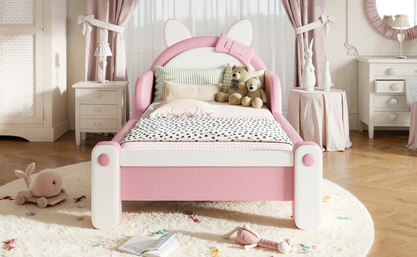 English Elm Twin Cat Shaped Kids Platform Bed PU Upholstered Low Profile Princess Bedroom Frame W5305S00213