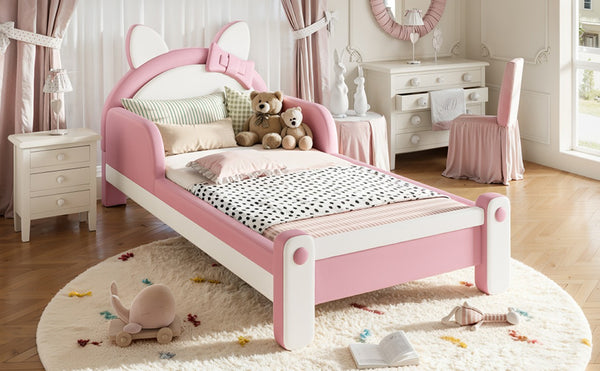 English Elm Twin Cat Shaped Kids Platform Bed PU Upholstered Low Profile Princess Bedroom Frame W5305S00213
