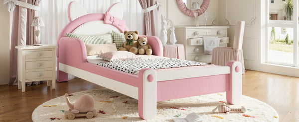English Elm Twin Cat Shaped Kids Platform Bed PU Upholstered Low Profile Princess Bedroom Frame W5305S00213