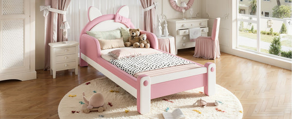 English Elm Twin Cat Shaped Kids Platform Bed PU Upholstered Low Profile Princess Bedroom Frame W5305S00213