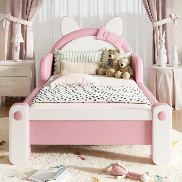 English Elm Twin Cat Shaped Kids Platform Bed PU Upholstered Low Profile Princess Bedroom Frame W5305S00213