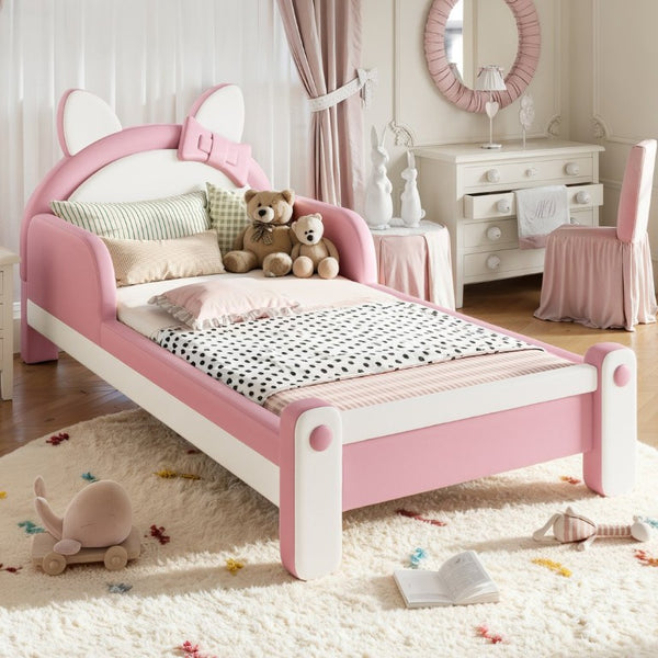 English Elm Twin Cat Shaped Kids Platform Bed PU Upholstered Low Profile Princess Bedroom Frame W5305S00213