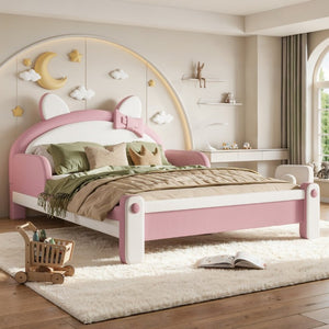 English Elm Full Cat Shaped PU Upholstered Kids Platform Bed with Guardrails Princess Bedroom White+Pink PU Full W5305S00214