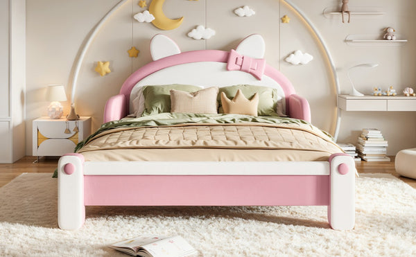 English Elm Full Cat Shaped PU Upholstered Kids Platform Bed with Guardrails Princess Bedroom White+Pink PU Full W5305S00214