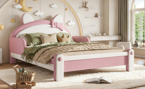 English Elm Full Cat Shaped PU Upholstered Kids Platform Bed with Guardrails Princess Bedroom White+Pink PU Full W5305S00214