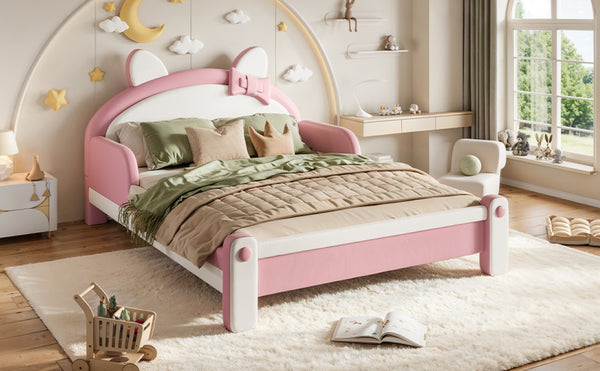 English Elm Full Cat Shaped PU Upholstered Kids Platform Bed with Guardrails Princess Bedroom White+Pink PU Full W5305S00214