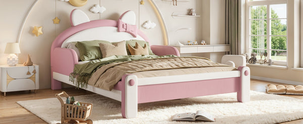 English Elm Full Cat Shaped PU Upholstered Kids Platform Bed with Guardrails Princess Bedroom White+Pink PU Full W5305S00214