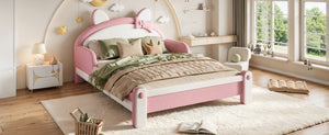 English Elm Full Cat Shaped PU Upholstered Kids Platform Bed with Guardrails Princess Bedroom White+Pink PU Full W5305S00214
