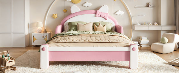 English Elm Full Cat Shaped PU Upholstered Kids Platform Bed with Guardrails Princess Bedroom White+Pink PU Full W5305S00214