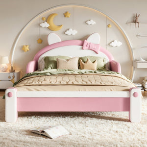 English Elm Full Cat Shaped PU Upholstered Kids Platform Bed with Guardrails Princess Bedroom White+Pink PU Full W5305S00214