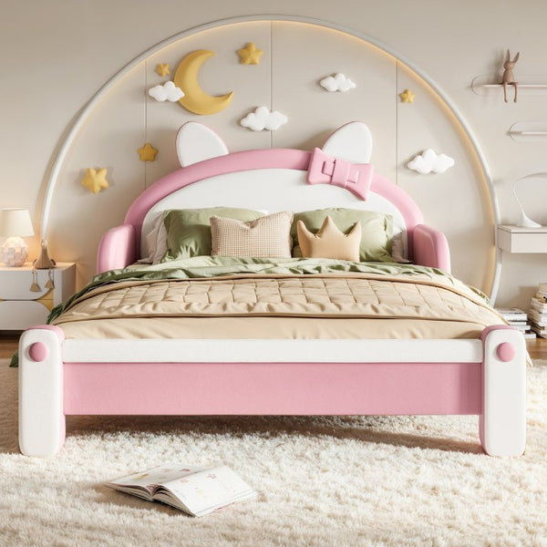 English Elm Full Cat Shaped PU Upholstered Kids Platform Bed with Guardrails Princess Bedroom White+Pink PU Full W5305S00214