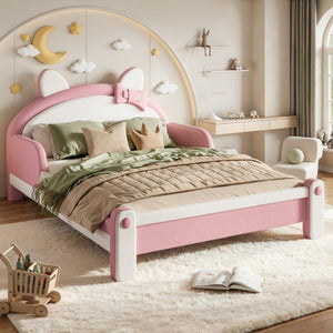 English Elm Full Cat Shaped PU Upholstered Kids Platform Bed with Guardrails Princess Bedroom White+Pink PU Full W5305S00214