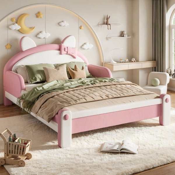 English Elm Full Cat Shaped PU Upholstered Kids Platform Bed with Guardrails Princess Bedroom White+Pink PU Full W5305S00214