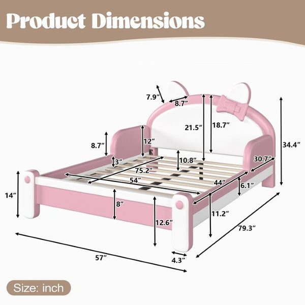English Elm Full Cat Shaped PU Upholstered Kids Platform Bed with Guardrails Princess Bedroom White+Pink PU Full W5305S00214