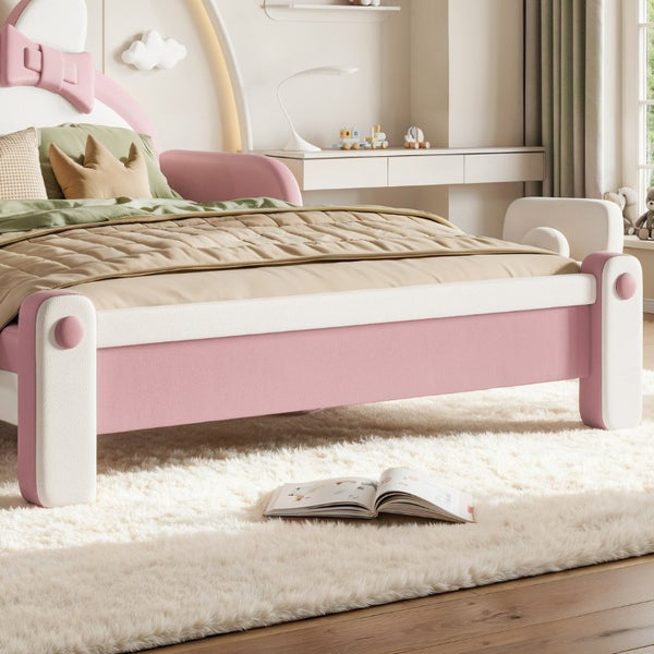English Elm Full Cat Shaped PU Upholstered Kids Platform Bed with Guardrails Princess Bedroom White+Pink PU Full W5305S00214