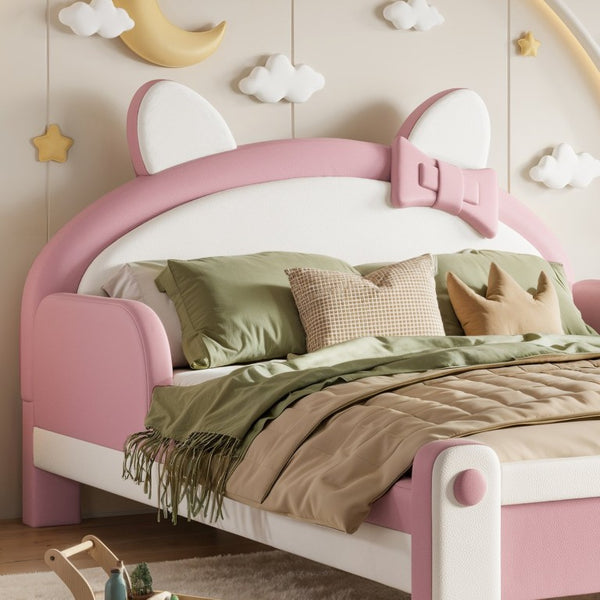 English Elm Full Cat Shaped PU Upholstered Kids Platform Bed with Guardrails Princess Bedroom White+Pink PU Full W5305S00214