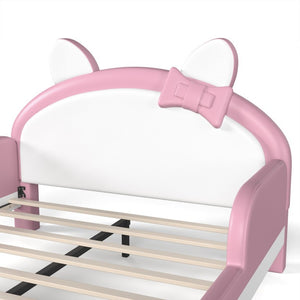 English Elm Full Cat Shaped PU Upholstered Kids Platform Bed with Guardrails Princess Bedroom White+Pink PU Full W5305S00214
