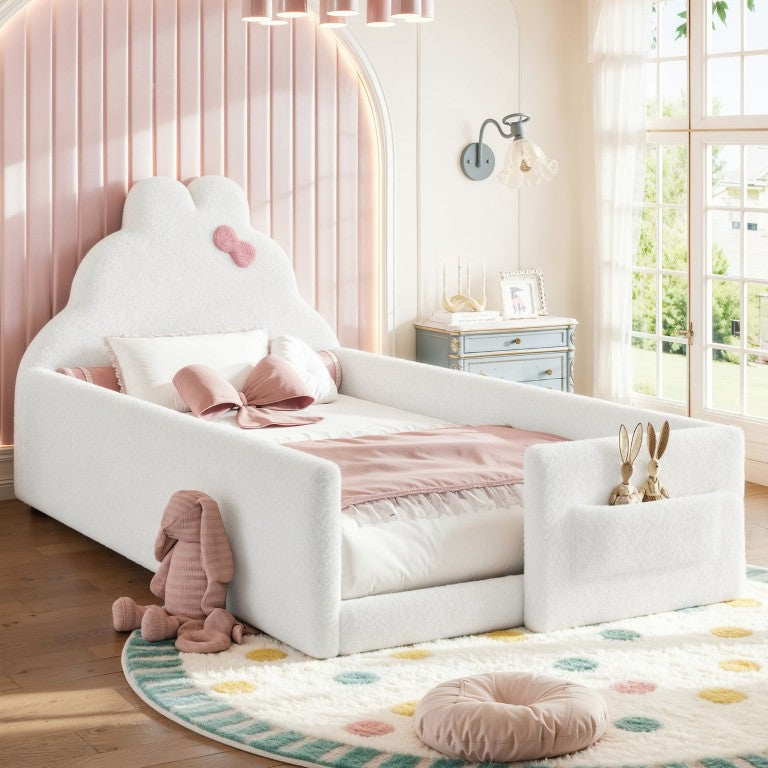 English Elm Full Cat Shaped PU Upholstered Kids Platform Bed with Guardrails Princess Bedroom Antique White Teddy Twin W5305S00215