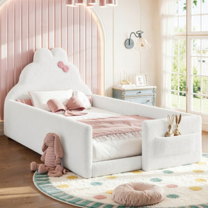 English Elm Full Cat Shaped PU Upholstered Kids Platform Bed with Guardrails Princess Bedroom Antique White Teddy Twin W5305S00215