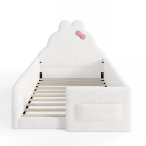 English Elm Full Cat Shaped PU Upholstered Kids Platform Bed with Guardrails Princess Bedroom Antique White Teddy Twin W5305S00215