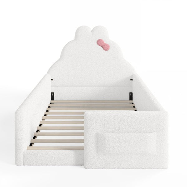 English Elm Full Cat Shaped PU Upholstered Kids Platform Bed with Guardrails Princess Bedroom Antique White Teddy Twin W5305S00215