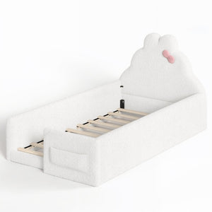 English Elm Full Cat Shaped PU Upholstered Kids Platform Bed with Guardrails Princess Bedroom Antique White Teddy Twin W5305S00215