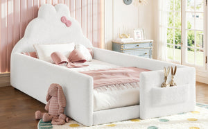 English Elm Full Cat Shaped PU Upholstered Kids Platform Bed with Guardrails Princess Bedroom Antique White Teddy Twin W5305S00215