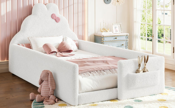 English Elm Full Cat Shaped PU Upholstered Kids Platform Bed with Guardrails Princess Bedroom Antique White Teddy Twin W5305S00215