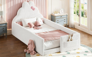 English Elm Full Cat Shaped PU Upholstered Kids Platform Bed with Guardrails Princess Bedroom Antique White Teddy Twin W5305S00215