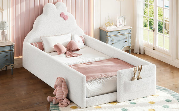 English Elm Full Cat Shaped PU Upholstered Kids Platform Bed with Guardrails Princess Bedroom Antique White Teddy Twin W5305S00215