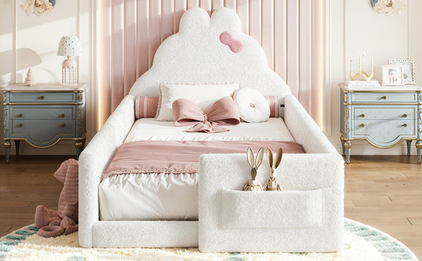 English Elm Full Cat Shaped PU Upholstered Kids Platform Bed with Guardrails Princess Bedroom Antique White Teddy Twin W5305S00215