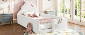English Elm Full Cat Shaped PU Upholstered Kids Platform Bed with Guardrails Princess Bedroom Antique White Teddy Twin W5305S00215