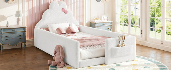 English Elm Full Cat Shaped PU Upholstered Kids Platform Bed with Guardrails Princess Bedroom Antique White Teddy Twin W5305S00215