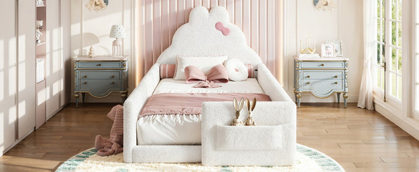 English Elm Full Cat Shaped PU Upholstered Kids Platform Bed with Guardrails Princess Bedroom Antique White Teddy Twin W5305S00215