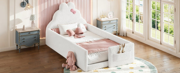 English Elm Full Cat Shaped PU Upholstered Kids Platform Bed with Guardrails Princess Bedroom Antique White Teddy Twin W5305S00215