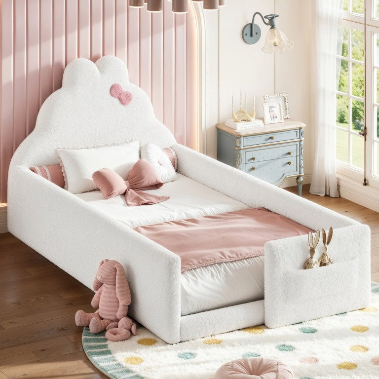 English Elm Full Cat Shaped PU Upholstered Kids Platform Bed with Guardrails Princess Bedroom Antique White Teddy Twin W5305S00215