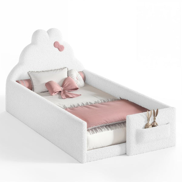 English Elm Full Cat Shaped PU Upholstered Kids Platform Bed with Guardrails Princess Bedroom Antique White Teddy Twin W5305S00215